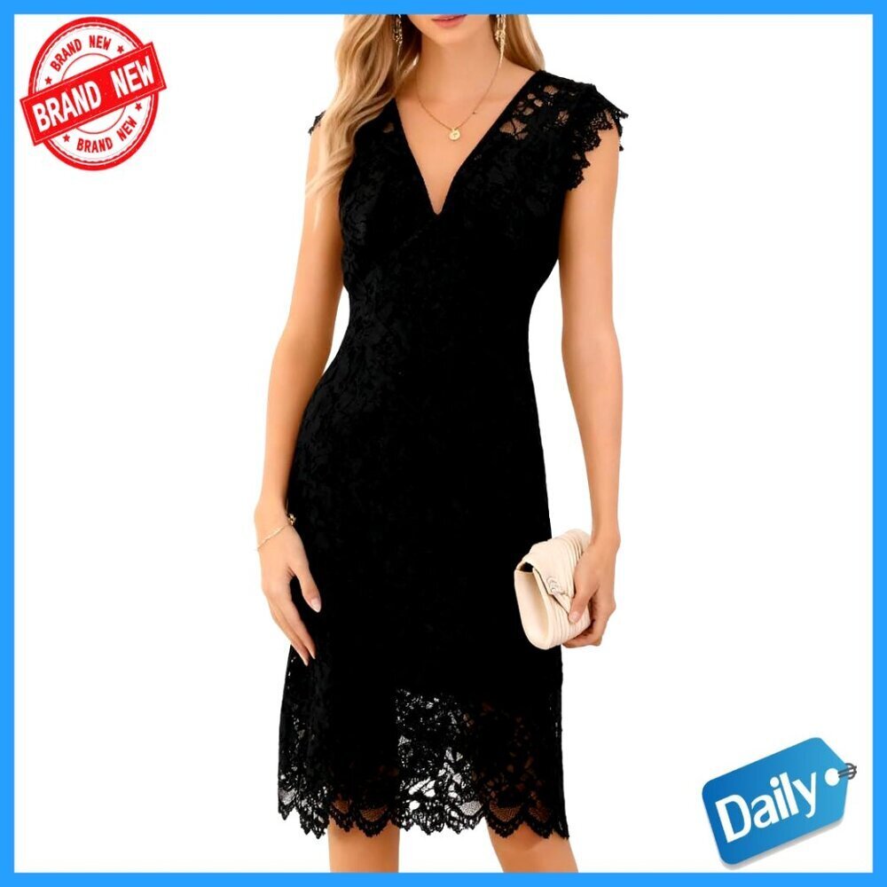 Lace Cocktail Dress Sleeveless V Neck Bodycon Midi Elegant Party Evening Wear